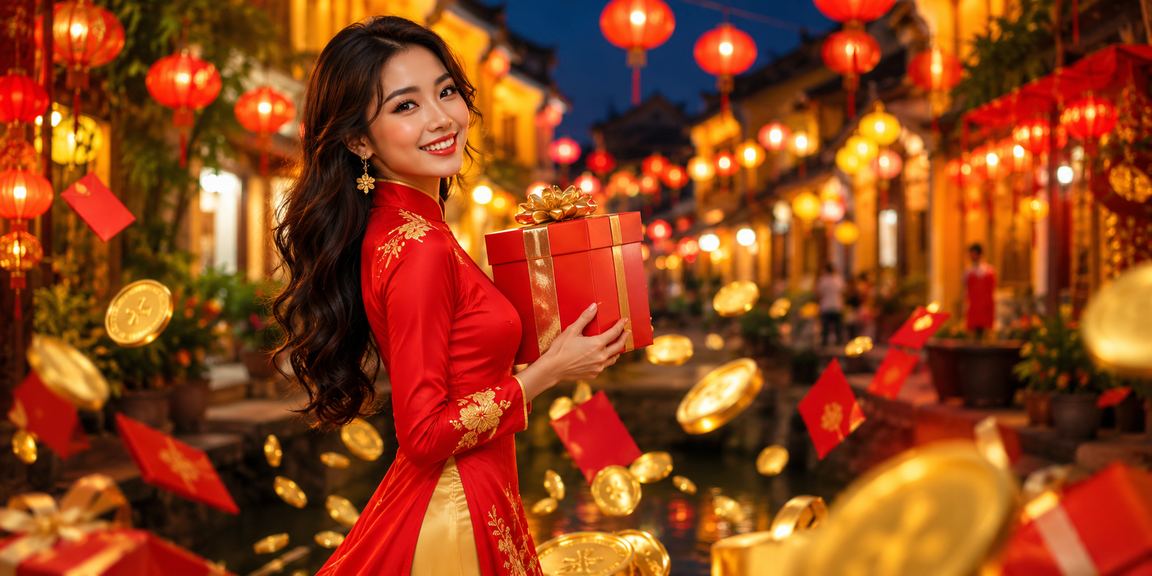 Không gian Hội An với đèn lồng và phong bì thưởng khi đăng ký tài khoản